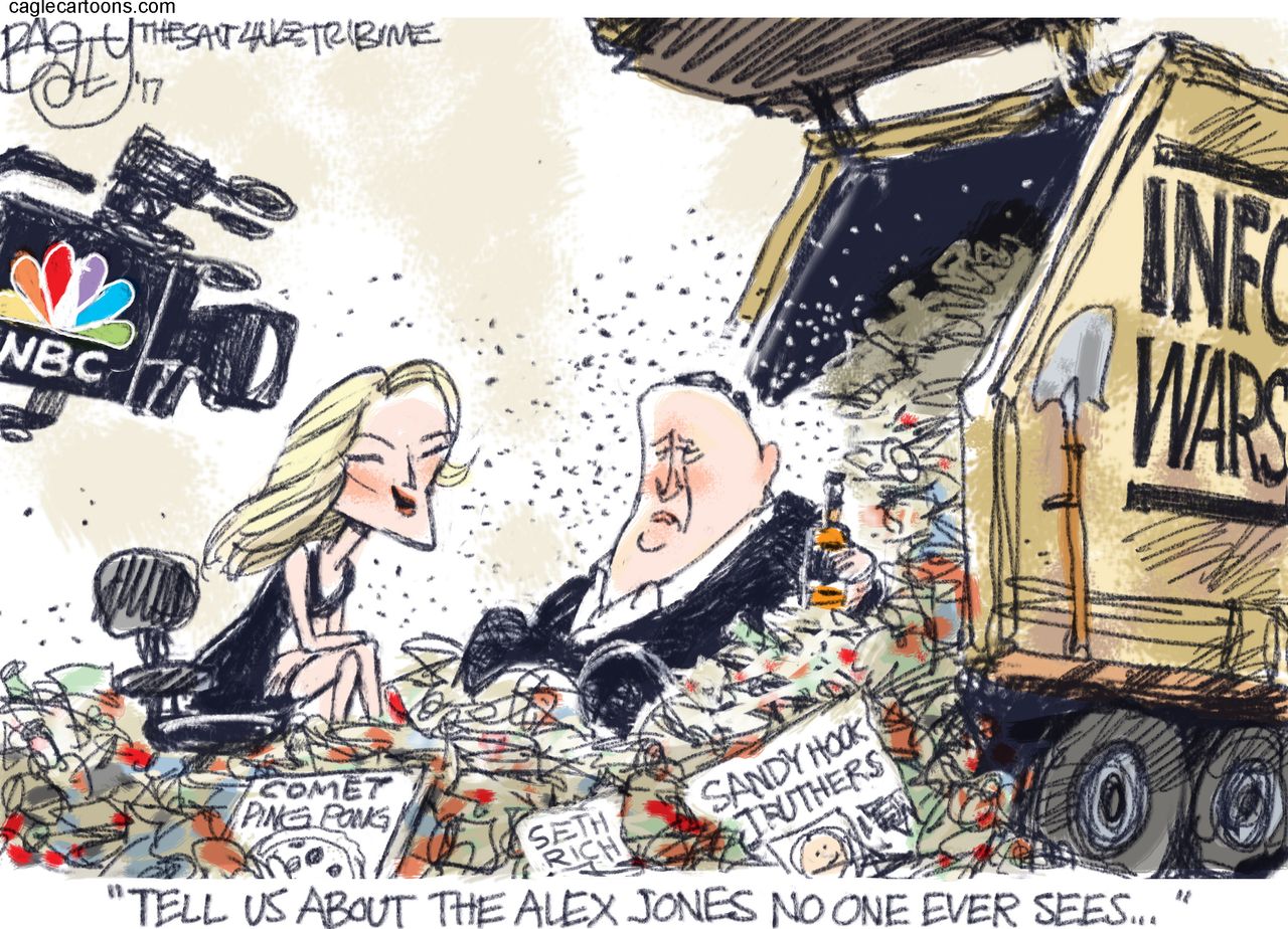 Political cartoon U.S. Megyn Kelly Alex Jones info wars interview garbage