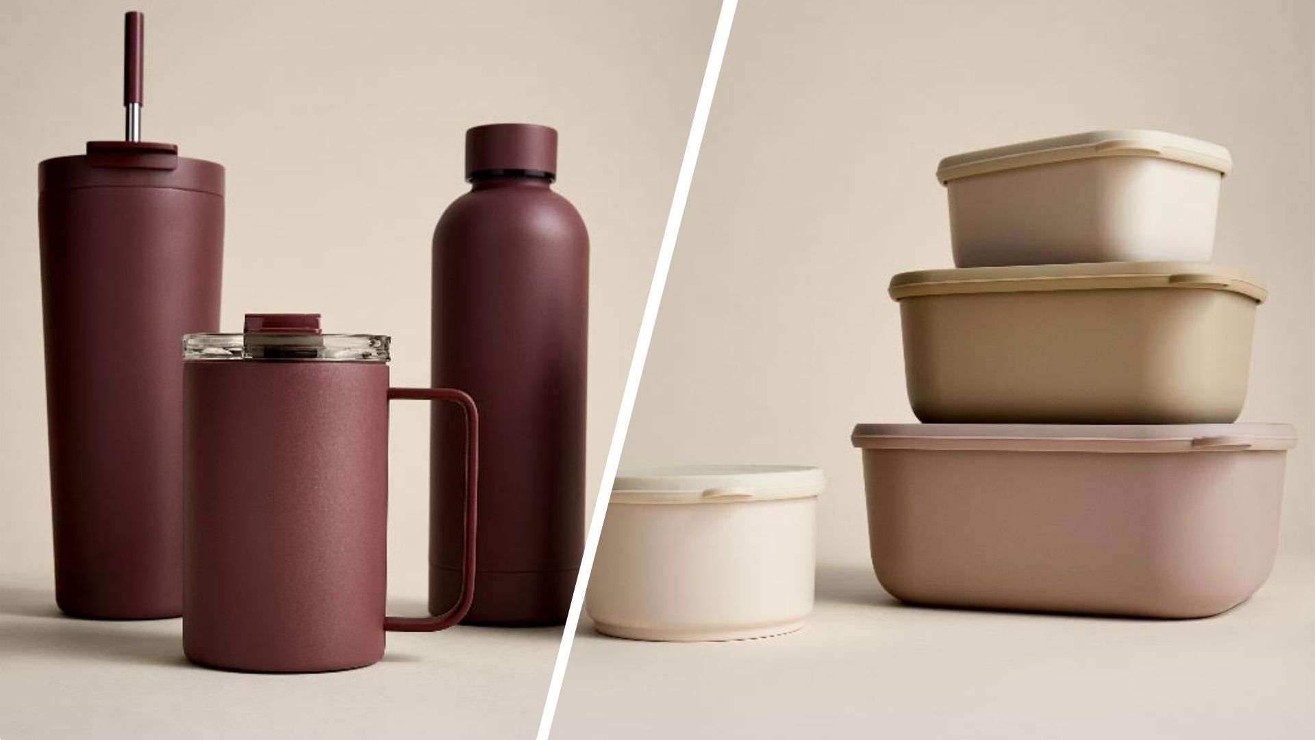 two images of the M&amp;S lunchbox and travel mug collection - one showing drinking vessels and one showing food containers
