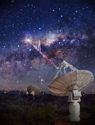 An artist's illustration of an ASKAP radio dish detecting a fast radio burst (FRB). Scientists don't know what causes FRBs, but it must involve incredible energy — equivalent to the amount released by the sun in 80 years.
