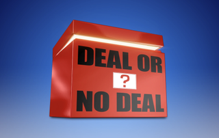 The original Channel 4 Deal or No Deal logo: a red box featuring a question mark on a blue background