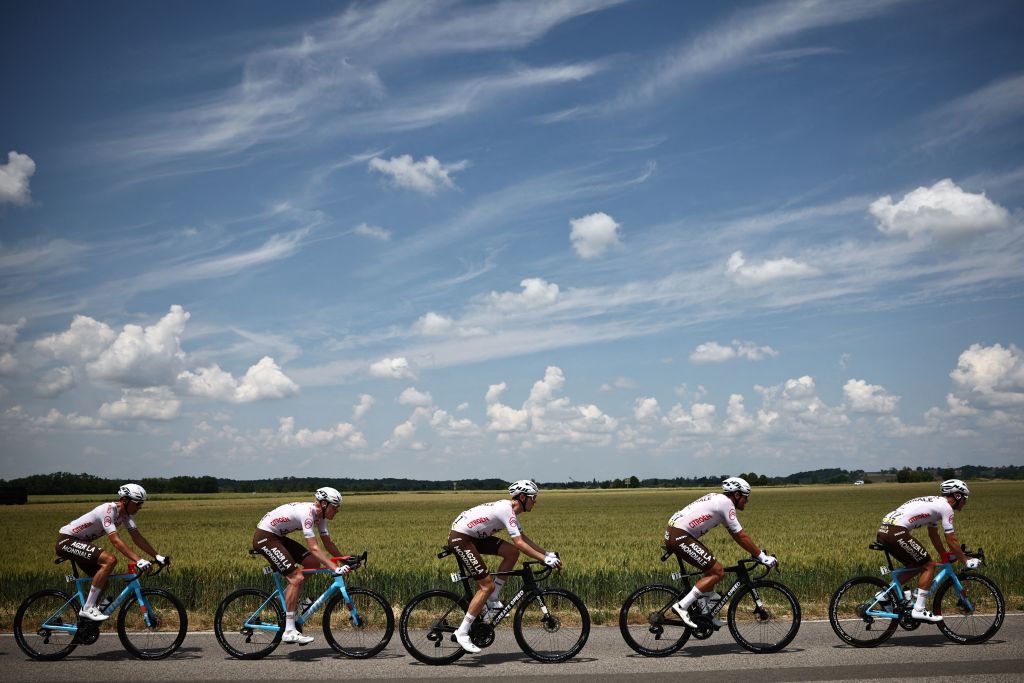 AG2R Citroen Team rides during the fifth stage of the 75th edition of the Criterium du Dauphine cycling race 1915km between CormoranchesurSaone and SalinsLesBains on June 8 2023 Photo by AnneChristine POUJOULAT AFP Photo by ANNECHRISTINE POUJOULATAFP via Getty Images