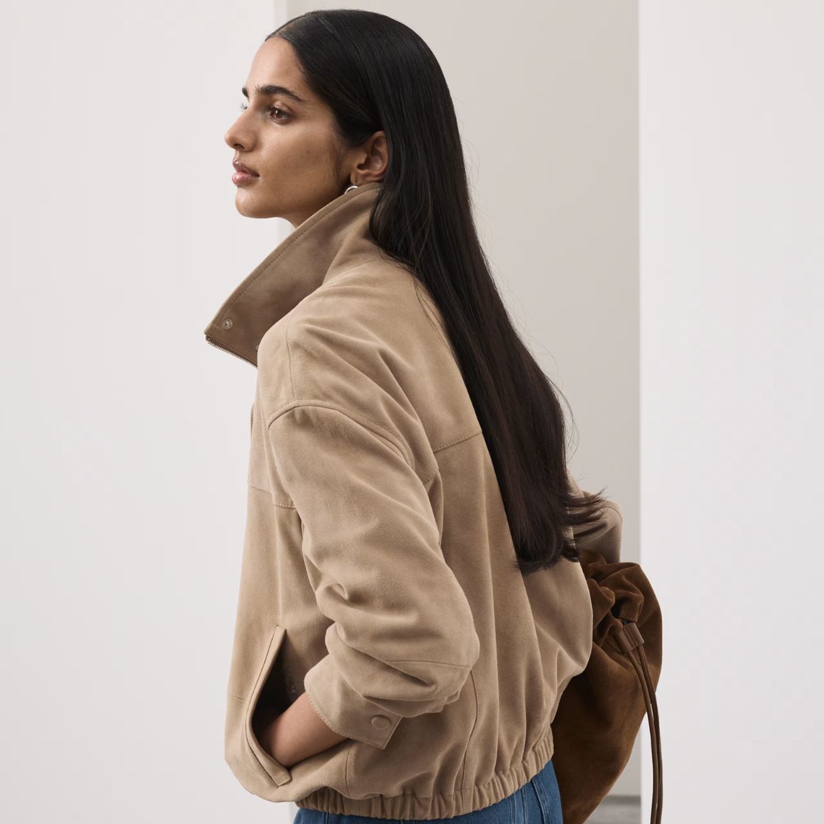 M&amp;S New In suede funnel neck jacket