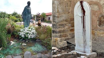 Damage at Junipero Serra's burial site, the Carmel Mission.