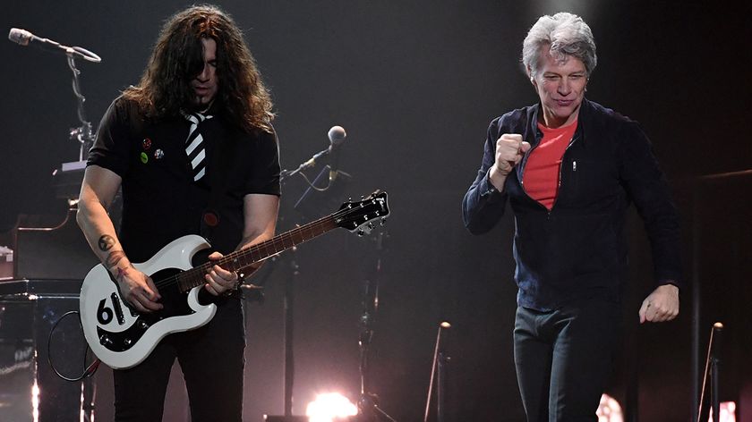 Guitarist Phil X (L) and frontman Jon Bon Jovi of Bon Jovi perform during a stop of the band&#039;s This House is Not for Sale Tour at T-Mobile Arena on March 17, 2018 in Las Vegas, Nevada