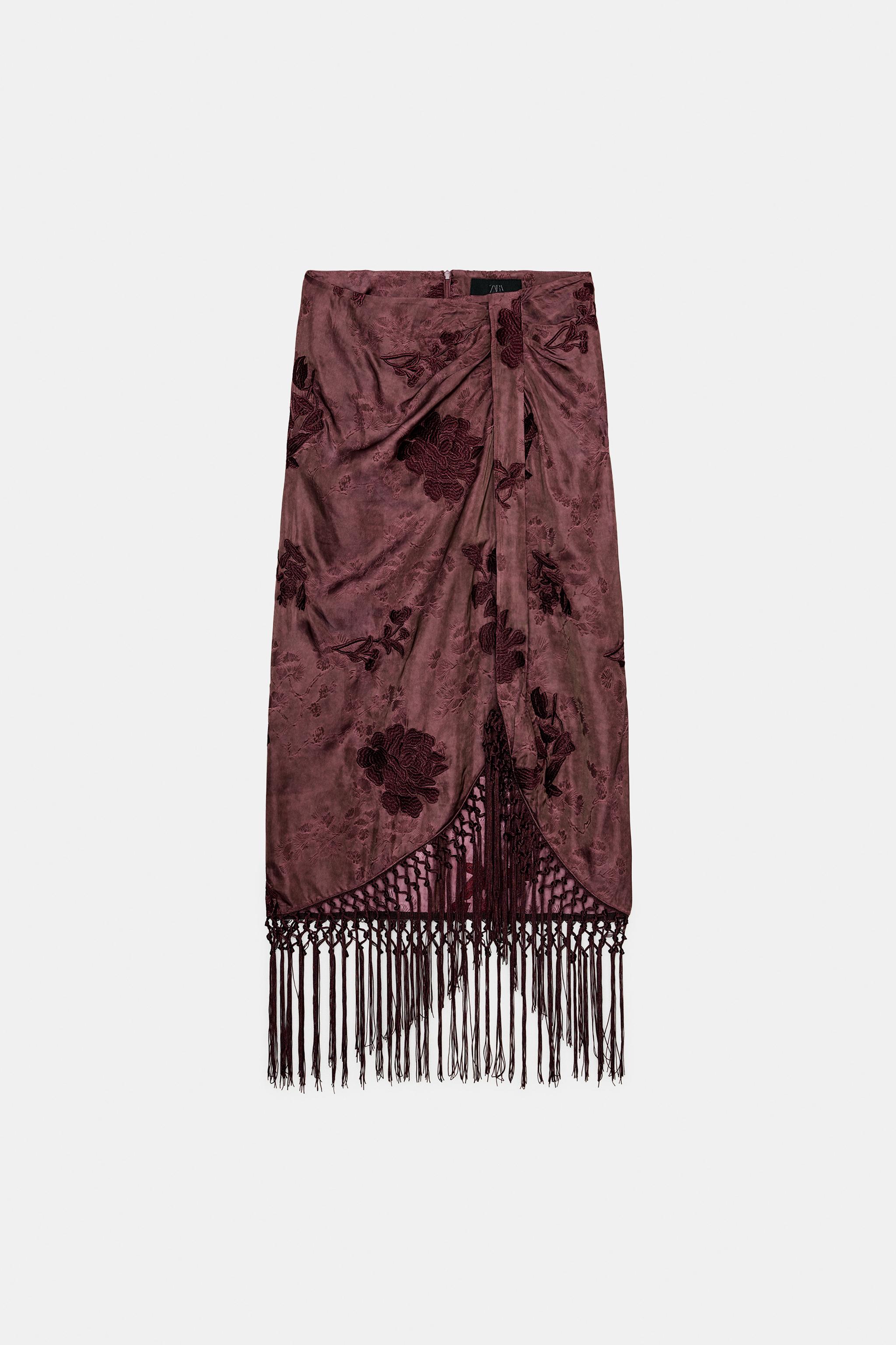 Embroidered Fringed Wrap Skirt