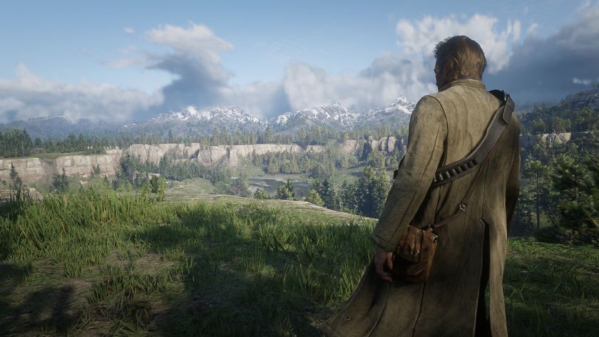 Arthur overlooking a beautiful mountain range in Red Dead Redemption 2