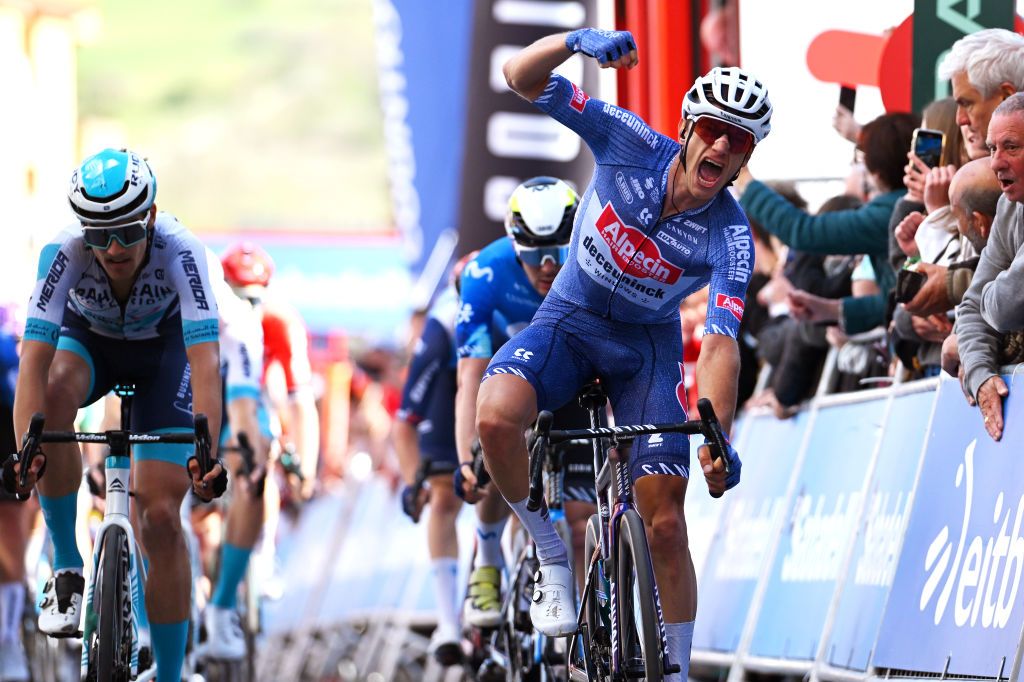 ALTSASU SPAIN APRIL 03 Quinten Hermans of Belgium and Team Alpecin Deceuninck celebrates at finish line as stage winner during the 63rd Itzulia Basque Country 2024 Stage 3 a 1909km stage from Ezpeleta to Altsasu 526m UCIWT on April 03 2024 in Altsasu Spain Photo by Tim de WaeleGetty Images