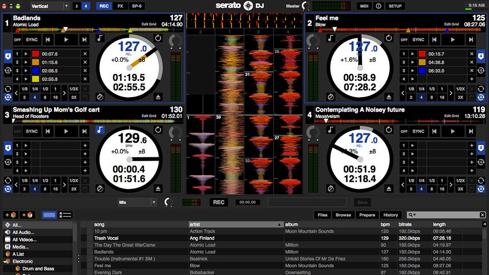 Serato DJ: four deck view with record