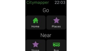 Skjermbilder fra appen Citymapper på Apple Watch.
