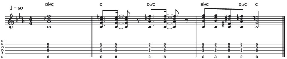Example 48: E flat/C - Another slash chord, this time to articulate a Phrygian sound. The Eb triad is played over a C bass note to sound C Phrygian. We are swapping from the sound of C Phrygian (3rd mode of major scale) to C Phrygian dominant (5th mode of harmonic minor) by incorporating Cm7 (Phrygian) or Cmaj (Phrygian dom) accordingly.
