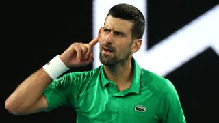 Novak Djokovic of Serbia celebrates winning match point against Botic van de Zandschulp of the Netherlands during the Men's Singles Third Round match on day seven of the 2026 Australian Open at Melbourne Park on January 24, 2026 in Melbourne, Australia.