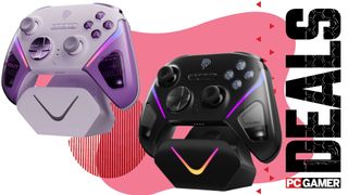 The purple and black EasySMX D10 on a pink deals background