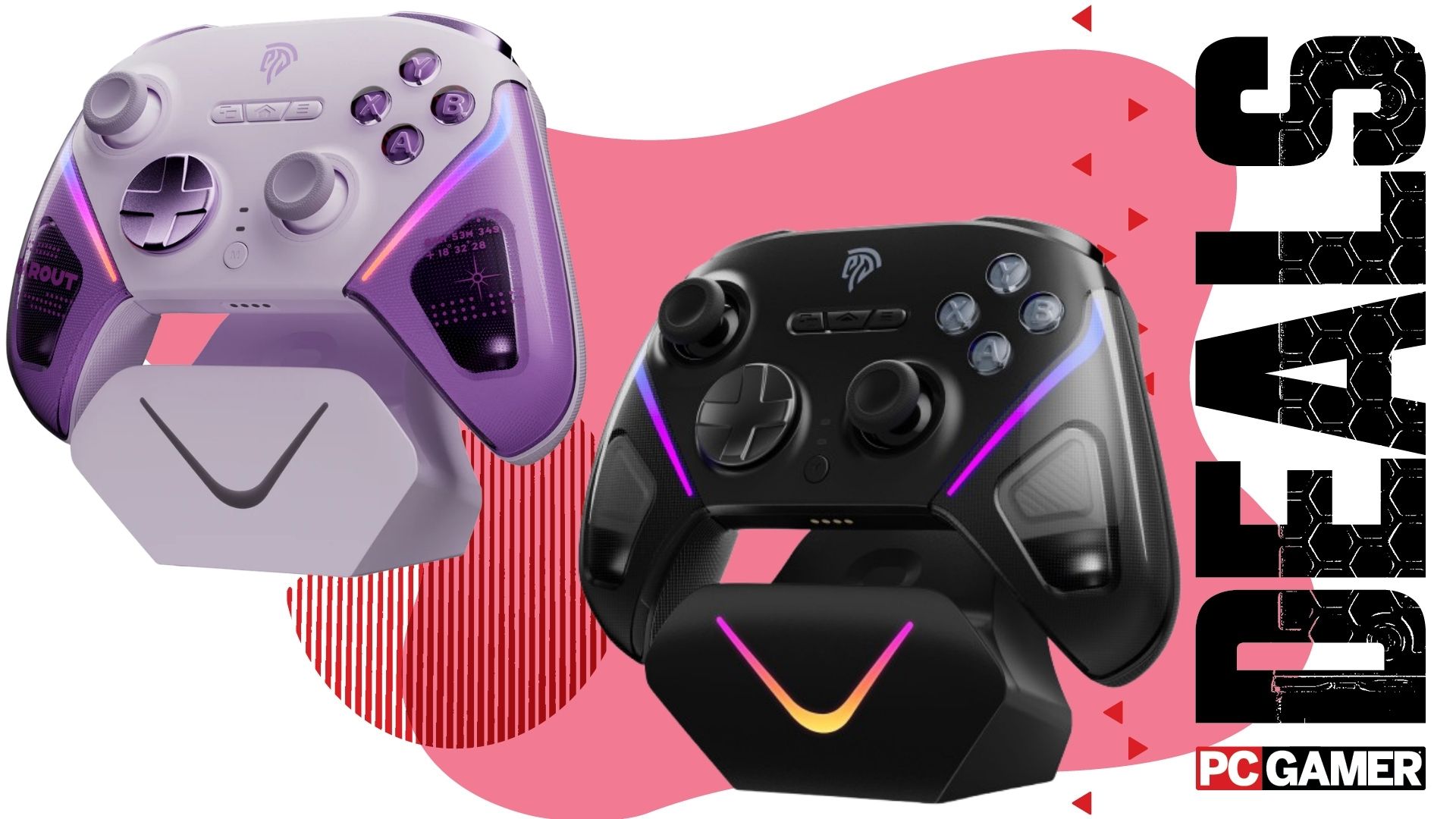 The purple and black EasySMX D10 on a pink deals background