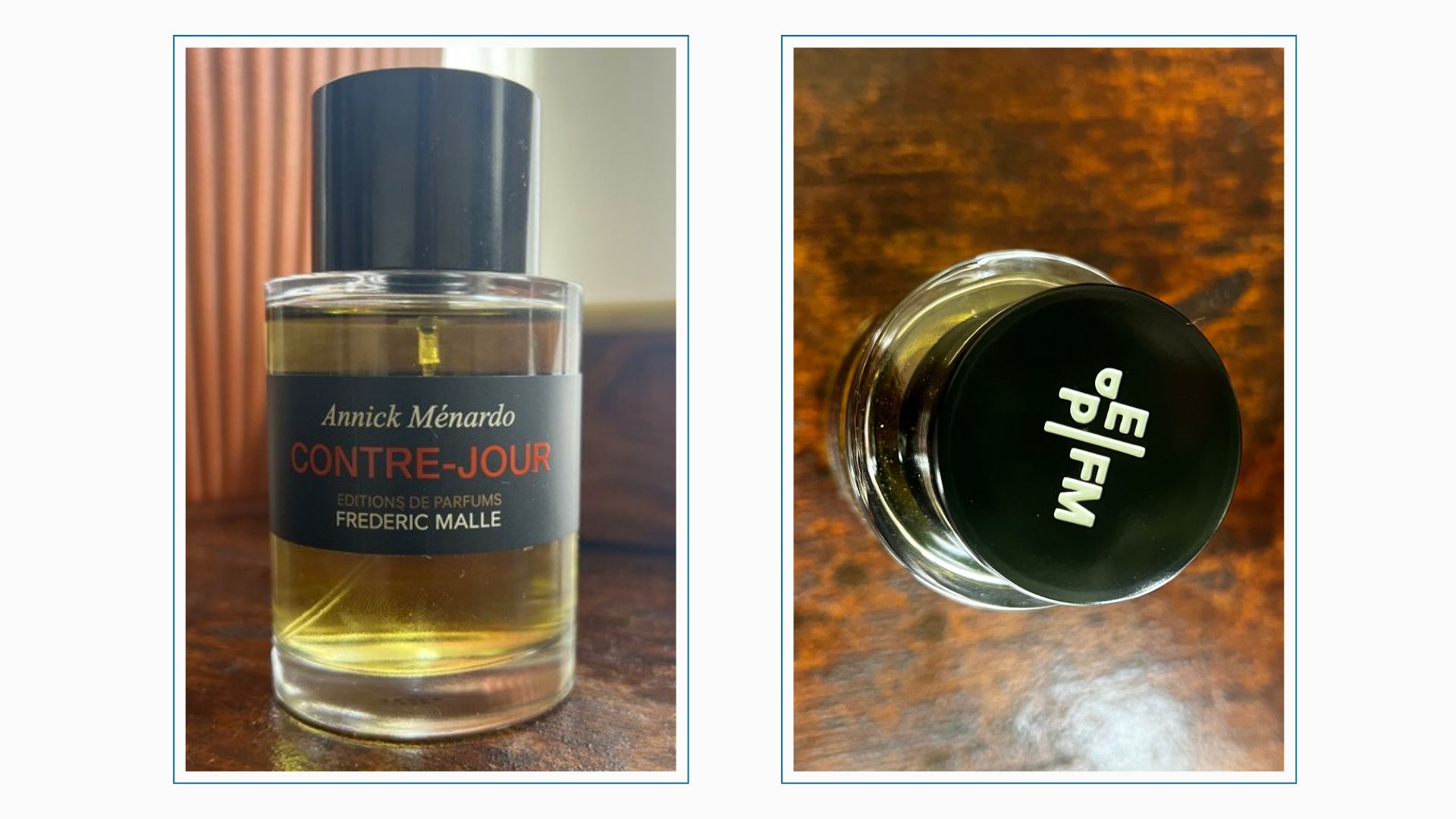 A bottle of frederic malle contre jour perfume on a wooden surface next to an image of the bottle cap