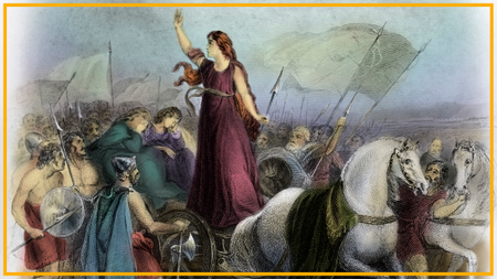 A painting showing a woman raising her arm in a chariot surrounded by people