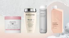 A collage featuring some of the best shampoos for fine hair in this roundup, including formulas from Christophe Robin, K&eacute;rastase, Living Proof and KEVIN.MURPHY, on a multi-coloured template with stock images of shampoo lather.