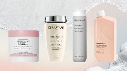 A collage featuring some of the best shampoos for fine hair in this roundup, including formulas from Christophe Robin, Kérastase, Living Proof and KEVIN.MURPHY, on a multi-coloured template with stock images of shampoo lather.
