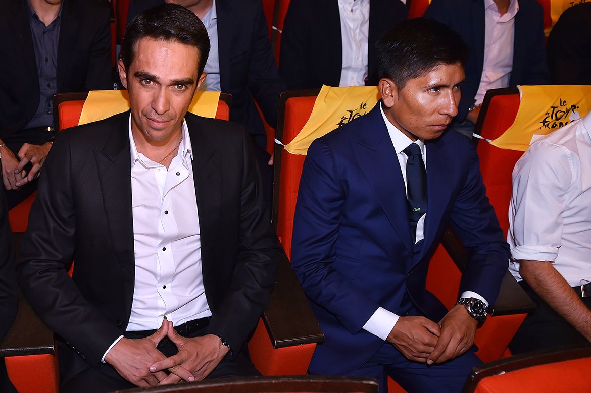 Alberto Contador was sat alongside Nairo Quintana in the Palais des Congres