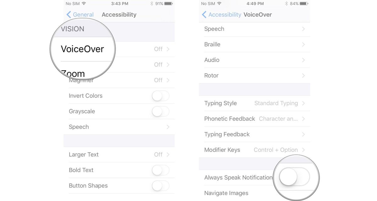 Tap VoiceOver, tap the switch next to Always Speak Notifications