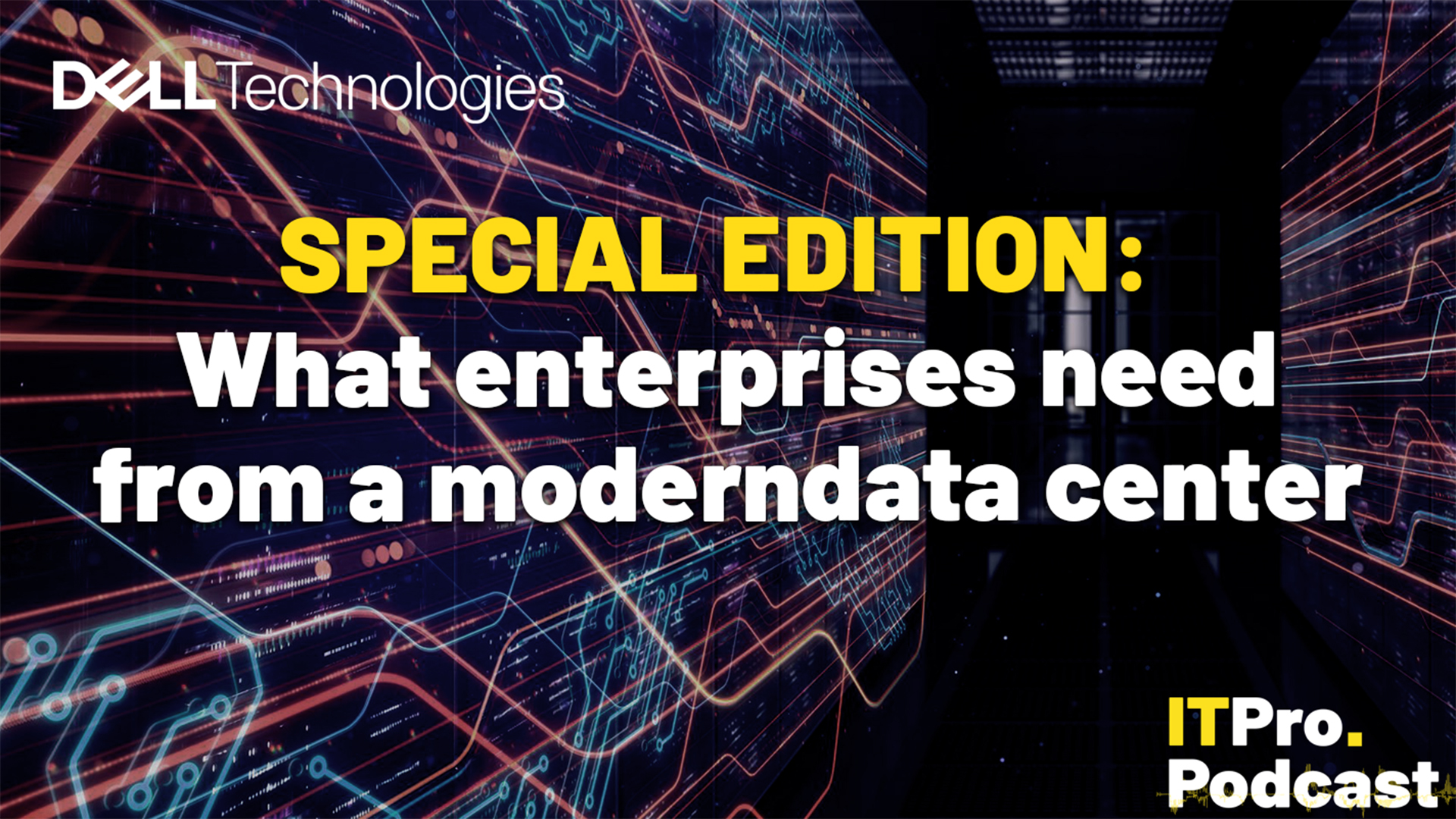 A data center with the episode title over the top 