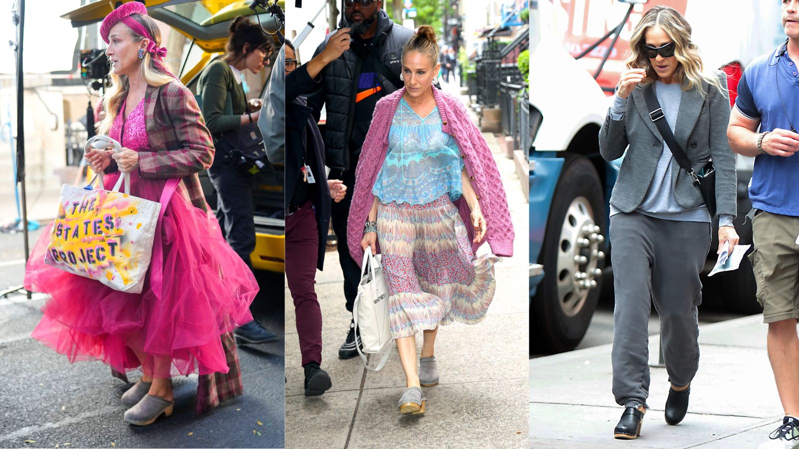 Sarah Jessica Parker wearing three different outfits on Just Like That, but all styled with clogs