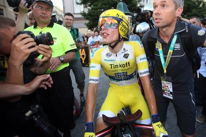 Rafal Majka (Tinkoff - Saxo) meets the press after winning the Tour of Poland