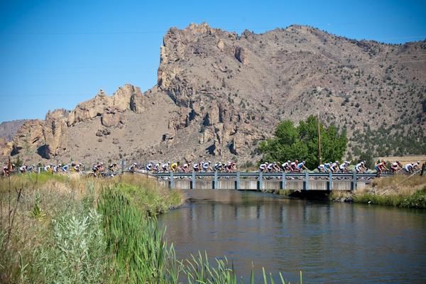 The men&rsquo;s peloton passes by the well known Smith Rock area as the day gets started.