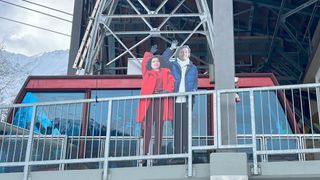 Cardboard cut-outs of Last Christmas stars Kathy Hill and Andrew Ridgeley at the Felskinn cable car.