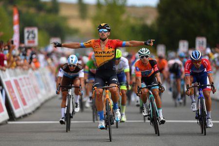CAP DCOUVERTE FRANCE AUGUST 02 Arrival Sonny Colbrelli of Italy and Team Bahrain McLaren Celebration Bryan Coquard of France and Team BB Hotels Vital Concept Orange Leader Jersey Niccolo Bonifazio of Italy and Team Total Direct Energie Clment Venturini of France and Team Ag2R La Mondiale during the 44th La Route dOccitanie La Depeche du Midi 2020 Stage 2 a 1745km stage from Carcassonne to Cap Dcouverte 344m RouteOccitanie RDO2020 on August 02 2020 in Cap Dcouverte France Photo by Justin SetterfieldGetty Images