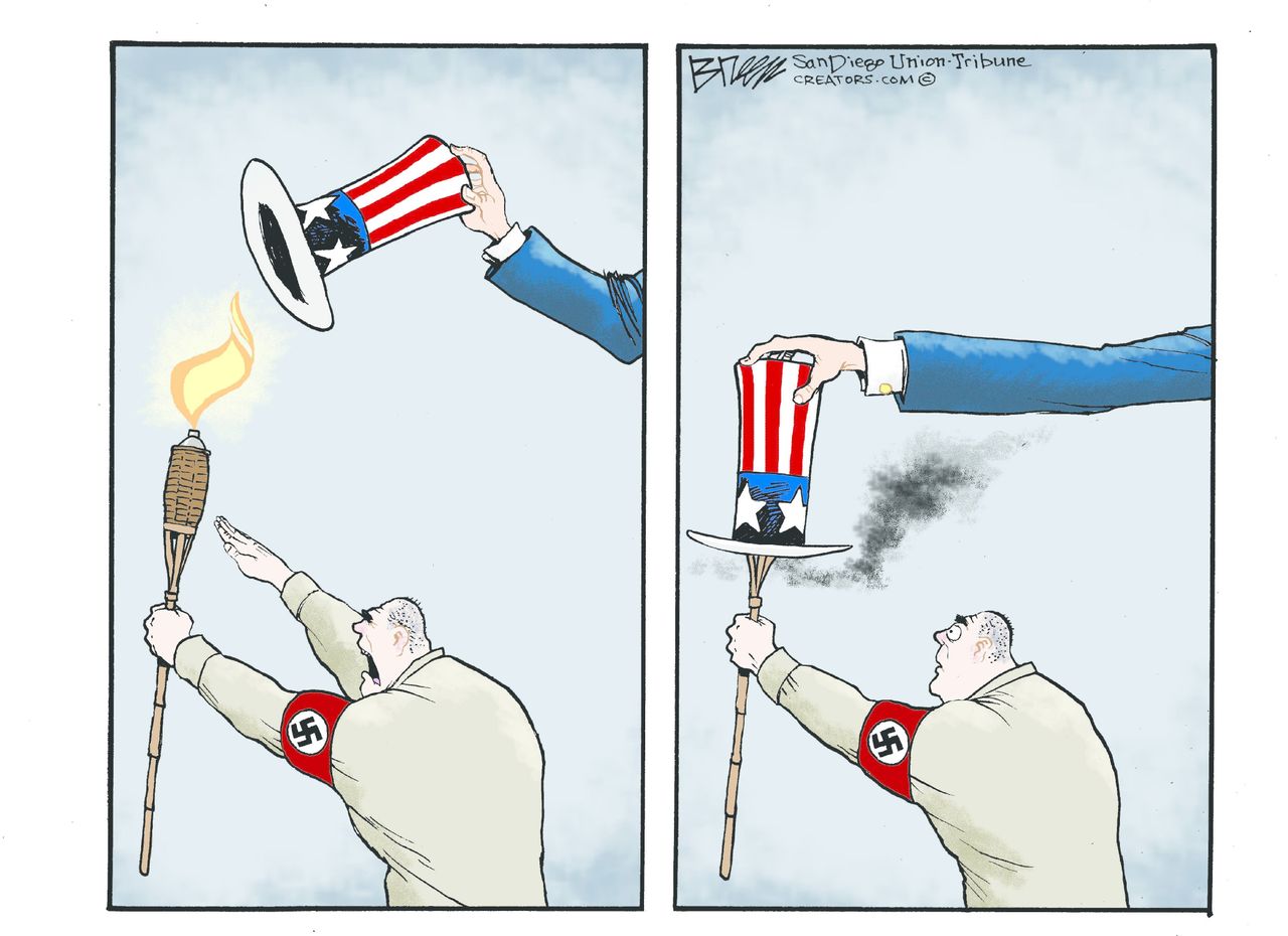 Political cartoon U.S. Charlottesville protest Nazi tiki torch