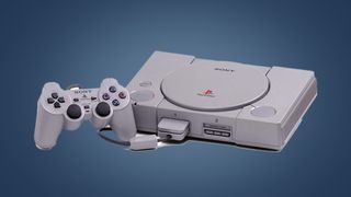 PlayStation Classic console and dualshock controller on a blue background