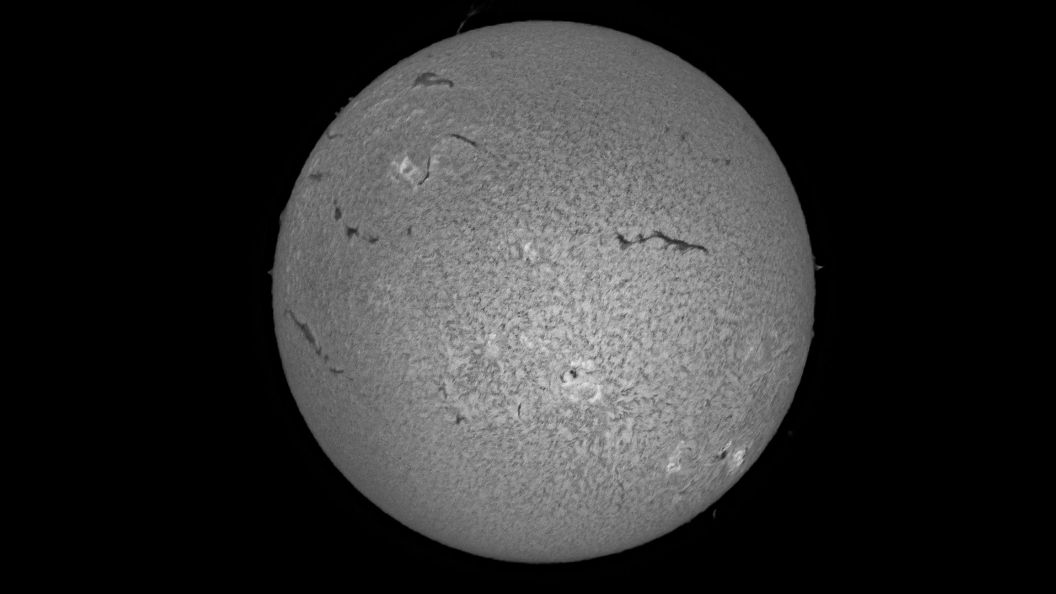 The solar disk in wrinkled grey colour, surrounded by black background, as imaged by the ZWO ASI174mm mono camera.