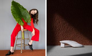 Two images, Left-Model wearing black slip on mules, perched on a stool dressed in a red suit with a green large leaf, Right- White slip on mules against a dark background