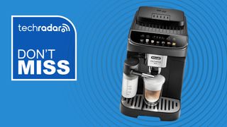 De'Longhi espresso machine on blue background with white text: 'TechRadar don't miss'