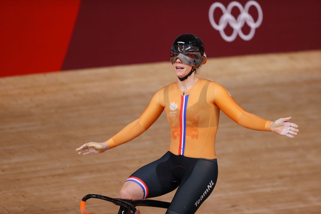 IZU JAPAN AUGUST 05 Shanne Braspennincx of Team Netherlands celebrates winning a gold medal during the Womens Keirin final 16th place of the track cycling on day thirteen of the Tokyo 2020 Olympic Games at Izu Velodrome on August 05 2021 in Izu Japan Photo by Tim de WaeleGetty Images