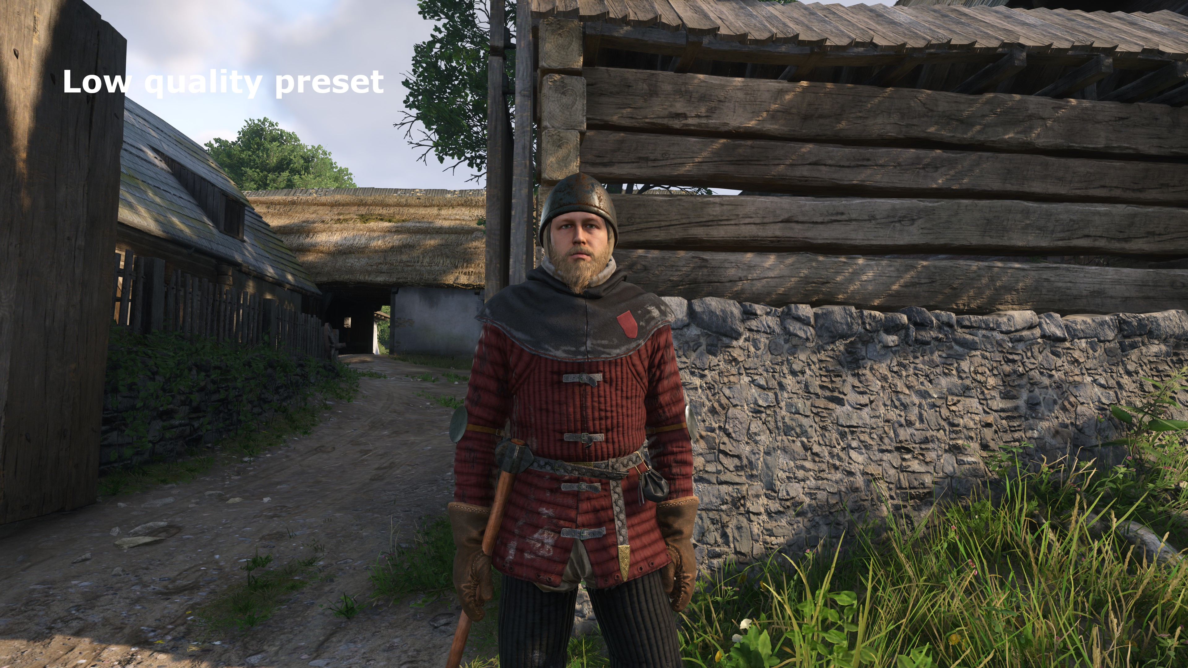 A screenshot from Kingdom Come: Deliverance 2 showing the graphics with using the Low quality preset