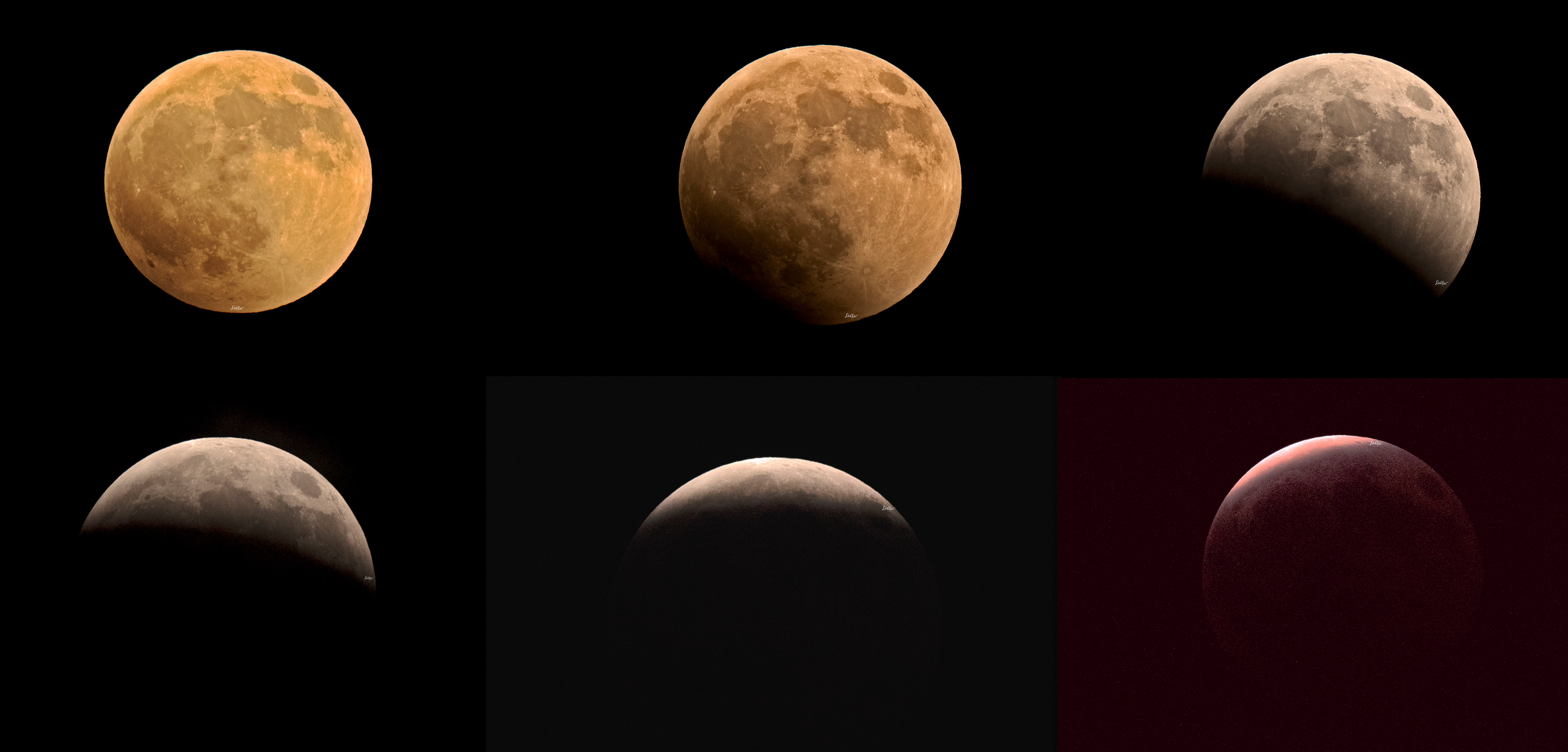 composite image of 6 moons with the lunar eclipse getting progressively darker and redder.