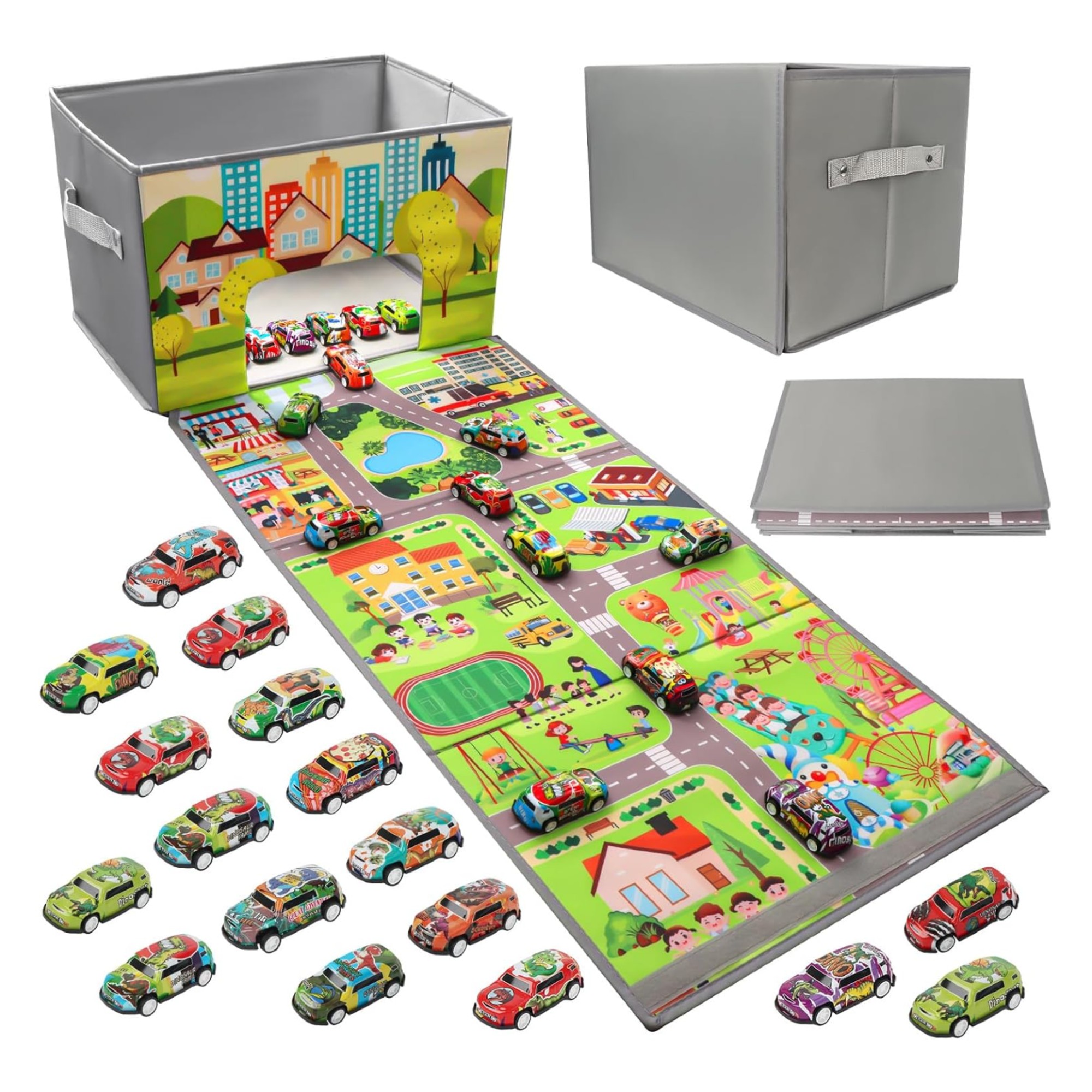 Toy Car Storage Box Play Mat with 20 Cars