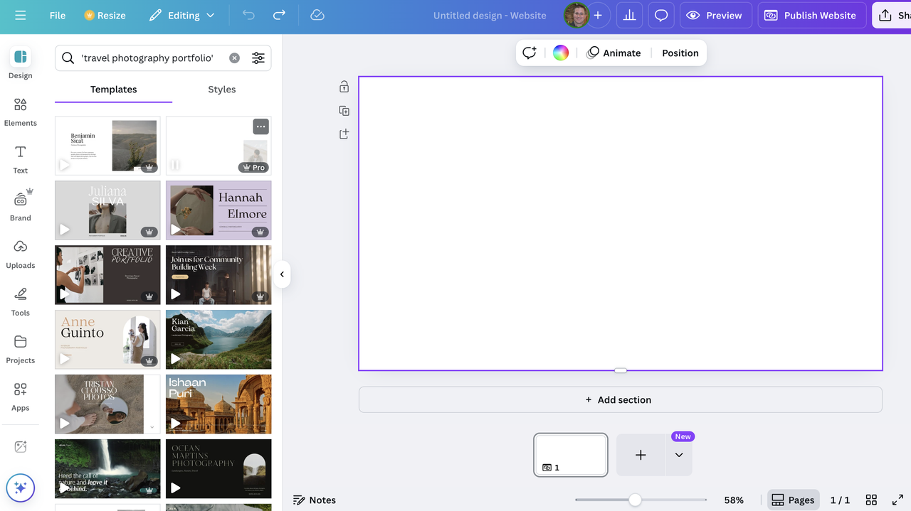 Selecting a website template in Canva