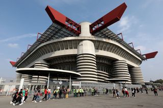 A general view of the outside of the stadium prior to kick-off of the Serie A match between AC Milan and Juventus at San Siro on October 08, 2022 in Milan, Italy.