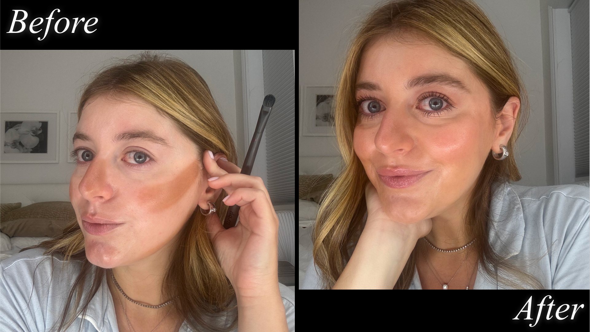 Before and after photos of Samantha Holender testing mary phillips m.ph makeup line with black border and "before" and "after" text
