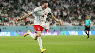 Poland's Robert Lewandowski after scoring a goal.