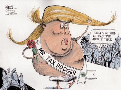 Political cartoon U.S. 2016 election Donald Trump Mr. Tax Dodger