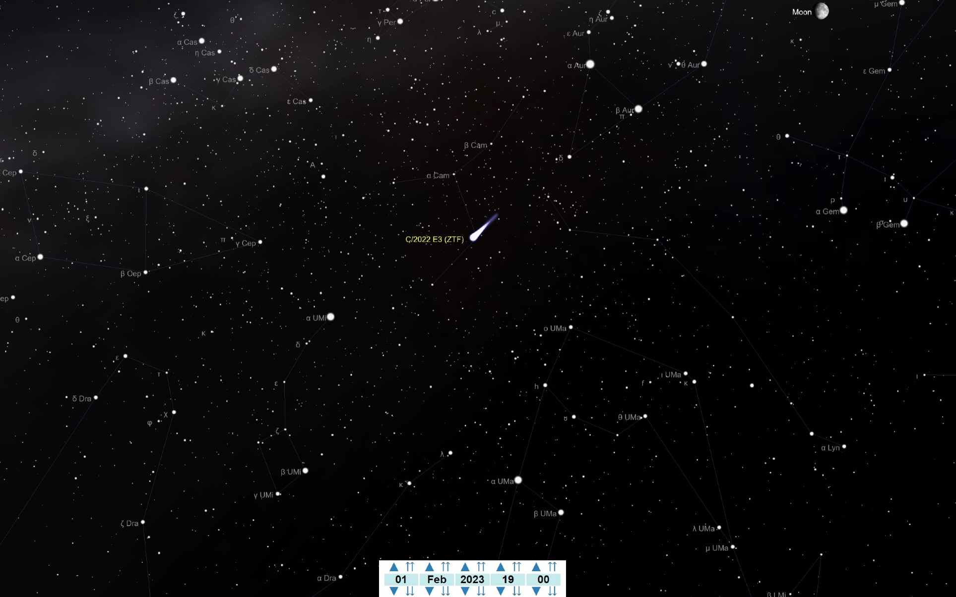 An illustration of the night sky on February 1st showing the position of Comet C/2022 E3 (ZTF) near the constellation Camelopardalis.