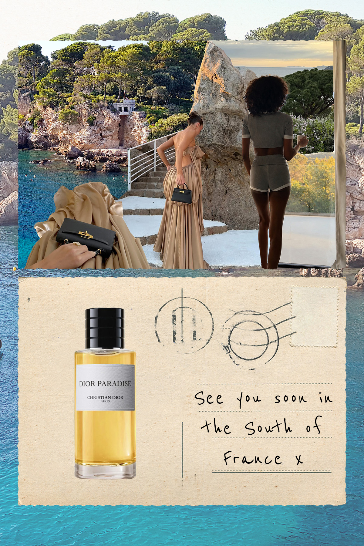 A collage of creators @emmaleger and @emmanuellek_ in the South of France and the Dior Paradise perfume