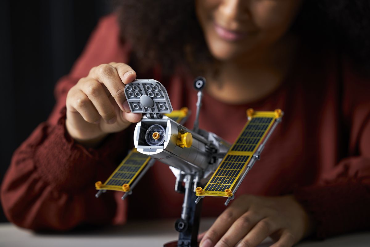 Lego's new NASA Space Shuttle Discovery set comes with the Hubble Space Telescope and will launch in Lego stories April 1, 2021.