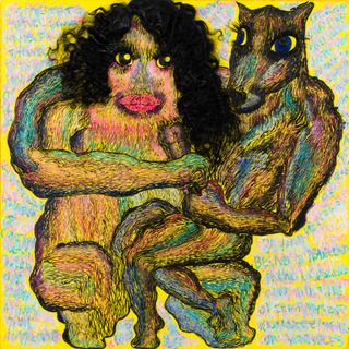 A colourful grotesque image of a human sitting and an animal sitting on its lap