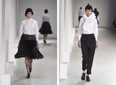 Image one - female model in a white shirt and 3D textured black skirt. Image 2 - female model in black trousers and a white shirt with 3D white scarf