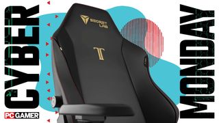 A close-up image of a gaming chair against a colorful background, with a set of Cyber Monday and PC Gamer logos on either side
