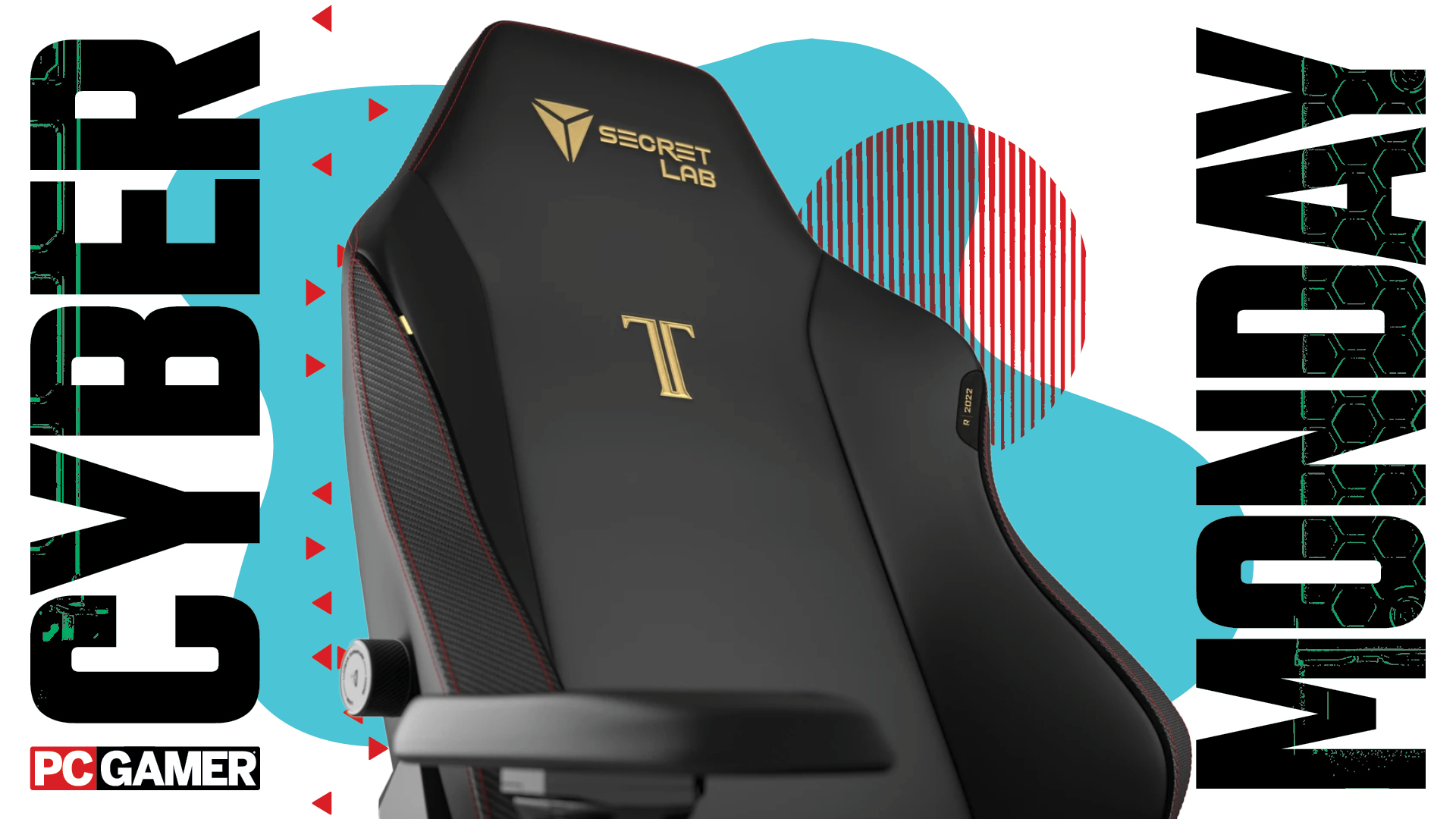 A close-up image of a gaming chair against a colorful background, with a set of Cyber Monday and PC Gamer logos on either side